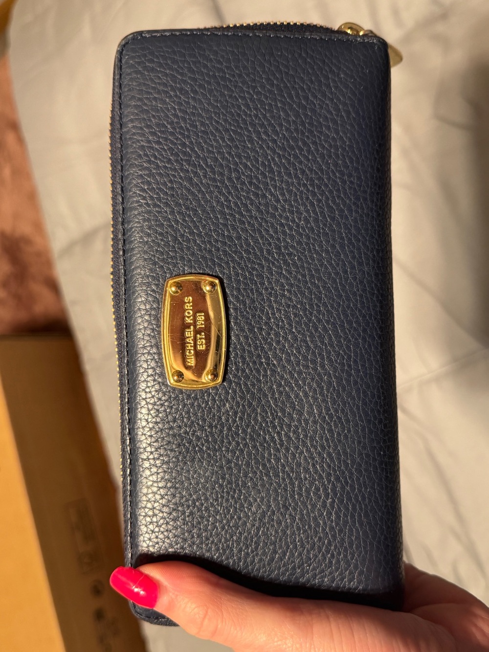 Michael Kors Navy Pebbled Leather Zip-Around Wallet with Gold Plate
